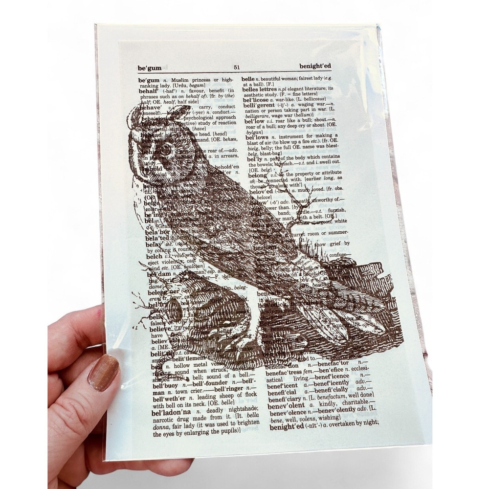 Wise Owl - Upcycled Dictionary Art Print - 6"x9" Mini Poster‎ - Nature Avian